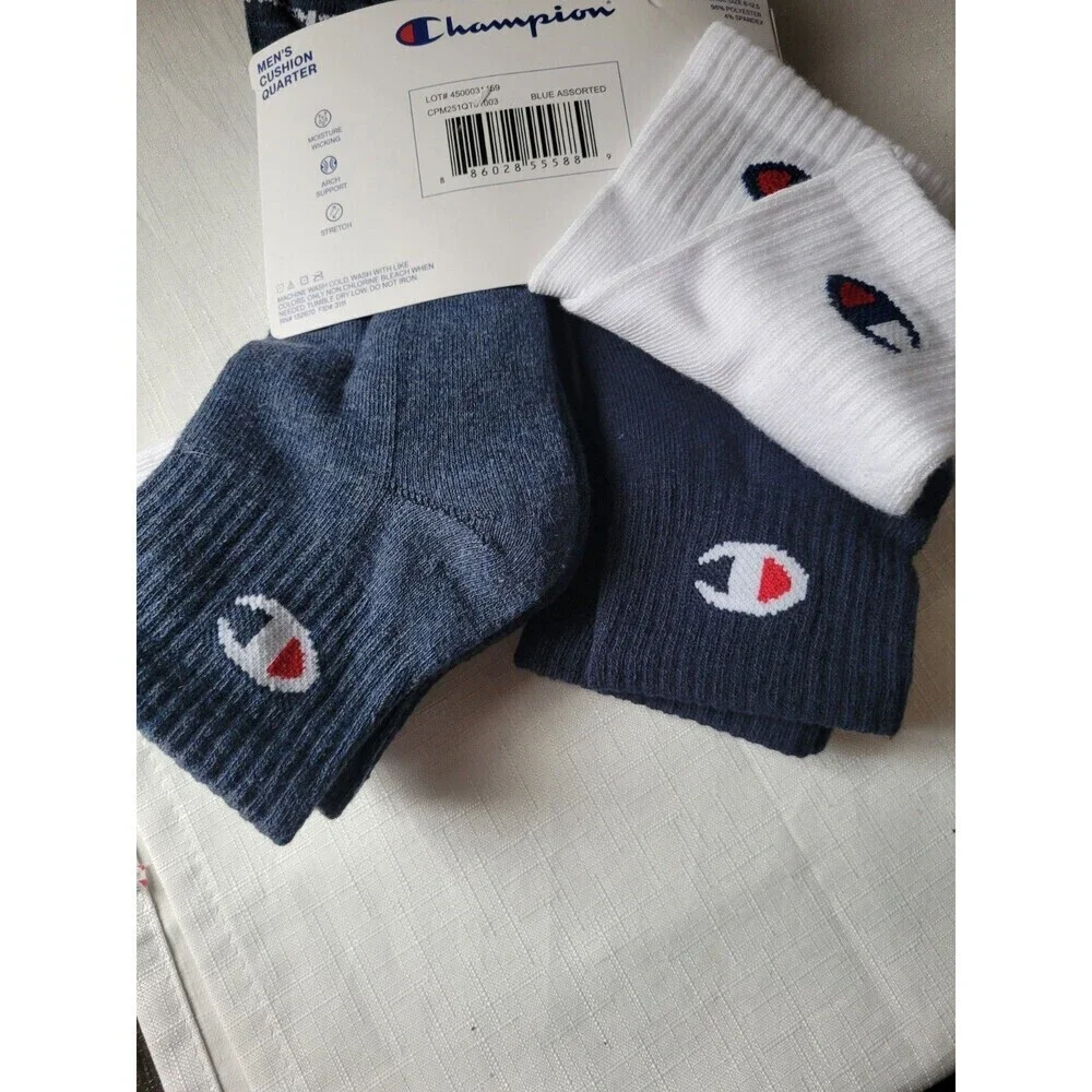 Champion Mens Quarter Ankle Multi SporSocks -6 Prs  Athleticwear Size 6-12 Black